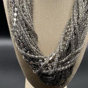 Chicos Chunky Multi Chain Rhinestone Sliver Tone 21 Strand Statement Necklace